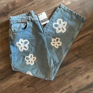 Floral denim ragged jeans